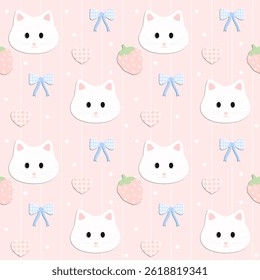 Cat, Bow, Heart, Strawberry on pink Background, Fabric Pattern, Wrapping Paper , Seamless Pattern 