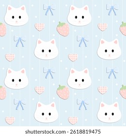 Cat, Bow, Heart, Strawberry on Blue Background, Fabric Pattern, Wrapping Paper , Seamless Pattern 