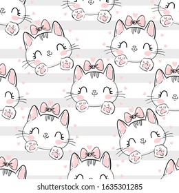 Cat with a bow on a background of stripes pattern. Vector Illustration print design cat, children print on t-shirt, sketch seamless.