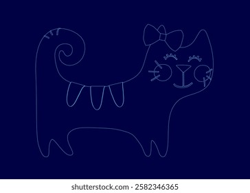 A cat with a bow on its head is drawn on a blue background. The cat appears to be smiling and is wearing a bow