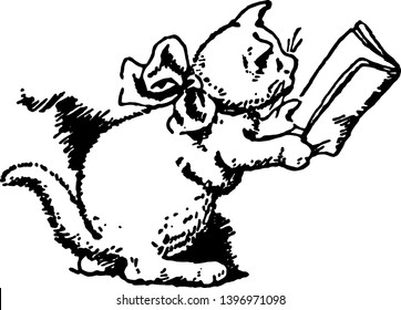 Gato en el libro Bow y Reading Book, esta escena muestra a un gato en un libro de lectura y proa, dibujo vintage o ilustración grabada