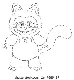 Cat with a bow tie. Cute toothy kitten with a heart-shaped nose. Sketch. Vector illustration. Outline on an isolated white background. Doodle style. Fluffy baby with glitter in his eyes. Coloring book