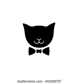 Cat with bow. Vector logo. Black silhouette domestic cute kitten