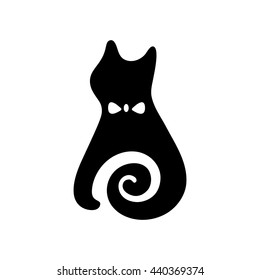 Cat with bow. Vector logo. Black silhouette domestic cute kitten