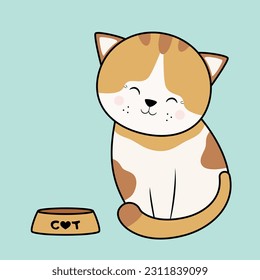 С al gato con un tazón de comida. Gato sonriente. Gato Doodle. Para tarjetas, carteles, decoración de revistas de diseño, diseño de camisetas, logotipo para impresiones textiles, afiche infantil, lindo