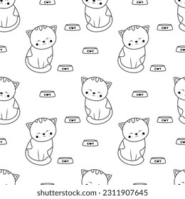 С al gato con un tazón de comida. Gato sonriente. Gato Doodle. Para tarjetas, carteles, decoración de revistas de diseño, diseño de camisetas, logotipo para impresiones textiles, afiche infantil, lindo