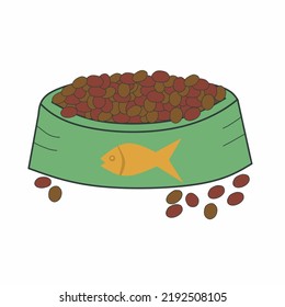 Cat bowl full of dry foods vector with fish picture. Colorful cartoon pet food bowl. Cat care themed vector illustration for gift card, flyer, logo, patch, sticker. 
