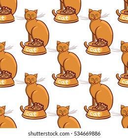 Cat with bowl on white background vector illustration endless pattern