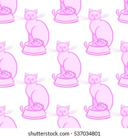 Cat with bowl on white background vector illustration endless pattern