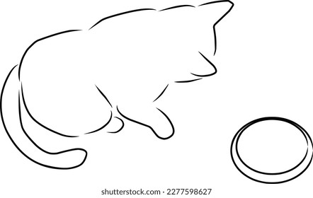 Gato y tazón, vector. Esbozo dibujado a mano. El gato está sentado al lado del tazón.
