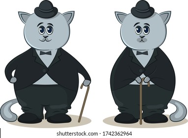 Cat in a Bowler Hat and with a Cane, a Symbol of the Old Movie Artist Charlie Chaplin. Vector