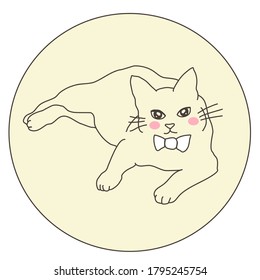 Cat with bow-tie laying down. Cute cat wearing bow-tie collar. Hand-drawn vector.