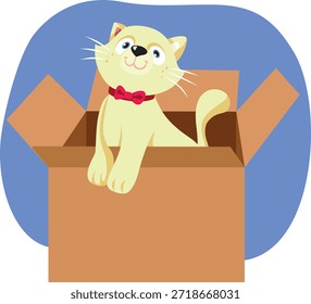 
Cat in a Box für Adoption Vektor Cartoon Illustration. Liebenswert Haustier bereit, um angenommen werden lächelnd freundlich