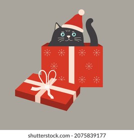 Cat in box. Animal got into gift wrapping, cute images, Santa Claus hat. Happy christmas, vacation, vacation, winter, december, comfort, coziness, fluffy character. Cartoon flat vector illustration