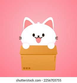 Cat in box. Cartoon cat biting a huge box Valentine's Day greeting card.
