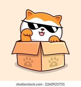 Cat in The Box Cartoon - Cute White Orange Pussy Cat with Sunglasses