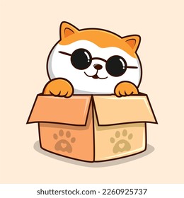 Cat in The Box Cartoon - Cute White Orange Pussy Cat Cool with Glasses