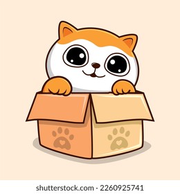 Caricatura de gato en caja - El gato kawaii de color naranja blanco se esconde en el cartón