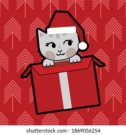 cat in the box as christmas present, red seamless pattern background, vector illustration 