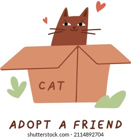 Cat in box. Cute illustration with cat sitting in cardboard box. Adopt homeless pet, vector banner, poster, print. Adopt a friend. Animal care, adoption concept. Help homeless animals find a home.