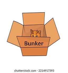 Un gato en una caja. Ilustración sutil con un gato sentado en una caja de cartón. Búnker de inscripción. La guerra Las mascotas sin hogar, pancarta vectorial, afiche, impresión. Adopta a un amigo. Cuidado animal, concepto de adopción. Ayuda 