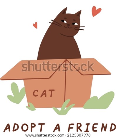 Cat in box. Cute illustration with cat sitting in cardboard box. Adopt homeless pet, vector banner, poster, print. Adopt a friend. Animal care, adoption concept. Help homeless animals find a home.