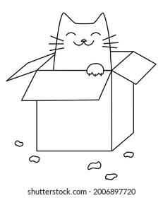 A cat in a box. A cute satisfied pet sits in an empty cardboard box. Hand draw happy cat in cartoon doodle style. Black outlines isolated on a white background. Vector illustration for coloring, card.