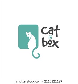 Diseño Del Logo De Cat With Box. Plantilla de logotipo de gato con caja. Diseño moderno. Logo plano. Ilustración vectorial