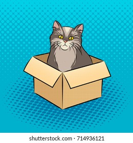 Cat in box pop art retro vector illustration. Comic book style imitation.