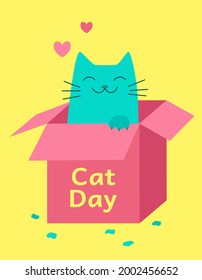 A cat in a box. World Cat Day. A cute satisfied cat sits in an empty cardboard box. Pink, yellow and blue colors. Hand draw happy pet in cartoon style. Vector illustration for greeting card, poster.