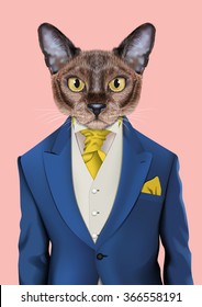 In Retrokostüm gekleideter Katzenjunge. Vektorgrafik süßer anthropomorpher Katzen mit klassischer Jacke, Weste und Krawatte. Realistisches Modedesign, stylisches Tierporträt einzeln auf rosafarbenem Hintergrund.