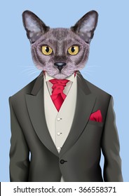 Cat boy dressed up in retro costume. Vector Illustration of cute anthropomorphic cat wearing classic jacket, vest and tie. Realistic Fashion stylish animal portrait isolated on blue background.