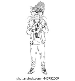 cat boy dressed up in swag style, furry art illustration, fashion animals