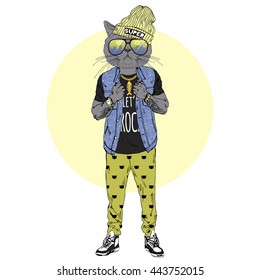 cat boy dressed up in swag style, furry art illustration, fashion animals