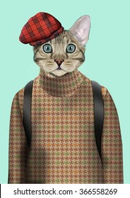 Cat boy dressed up in urban style. Vector Illustration of domestic cat in tweed pullover and red tweed cap. Fashion anthropomorphic character