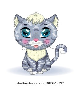 Cat boy gray and spotted with beautiful eyes among flowers and balloons in cartoon style, colorful illustration for children. Greeting card design