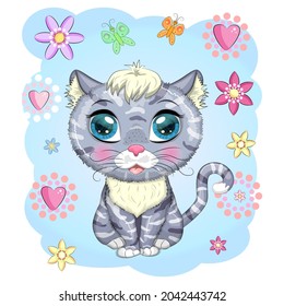 Cat boy gray and spotted with beautiful eyes among flowers and balloons in cartoon style, colorful illustration for children. Greeting card design