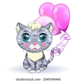 Cat boy gray and spotted with beautiful eyes among flowers and balloons in cartoon style, colorful illustration for children. Greeting card design