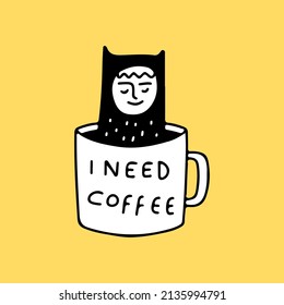 Cat boy inside a cup of coffee, illustration for t-shirt, street wear, sticker, or apparel merchandise. With retro, and cartoon style.