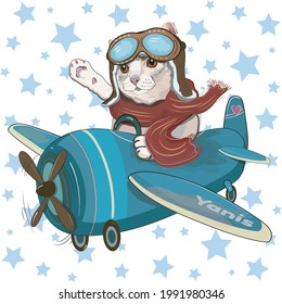 Cat Boy Pilot in Star Backgrounds. Vector Illustration.