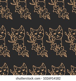 The cat and the branch with flowers vector illustration. Doodle style. Design, print, logo, decor, textile, paper