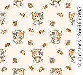 Cat and bread cartoon so cute. On croissant bag background. Pattern seamless vector illustration. 