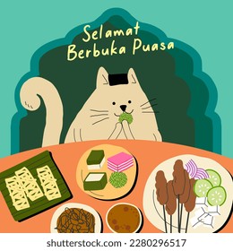 gatos rotura rápido ramadan greetings plantilla de diseño vector, ilustración con palabras malayas que significan 'ayuno feliz rompiendo'