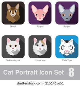 Cat breed face cartoon flat icon design
Turkish Angora, Somali, Turkish Van, Sphynx, White Tiger