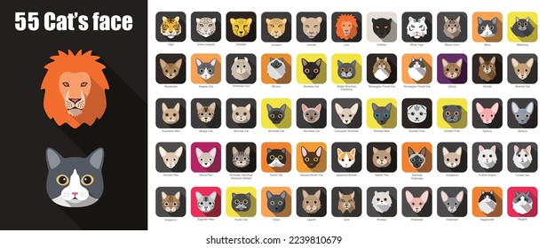 Cat breed face cartoon flat icon design, 55 cats