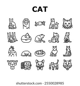 cat breeding genetics cattery icons set vector. pedigree lineage, purebred hybrid, mating selection, traits coat, temperament health cat breeding genetics cattery black contour illustrations