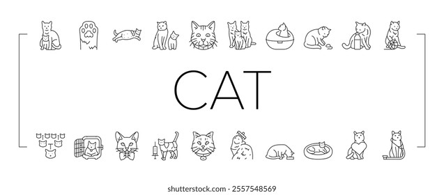 cat breeding genetics cattery icons set vector. pedigree lineage, purebred hybrid, mating selection, traits coat, temperament health cat breeding genetics cattery black contour illustrations