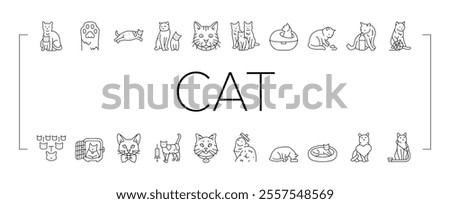 cat breeding genetics cattery icons set vector. pedigree lineage, purebred hybrid, mating selection, traits coat, temperament health cat breeding genetics cattery black contour illustrations