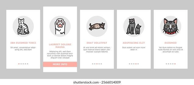 cat breeding genetics cattery onboarding mobile vector pedigree lineage, purebred hybrid, mating selection, traits coat, temperament health cat breeding genetics cattery illustrations