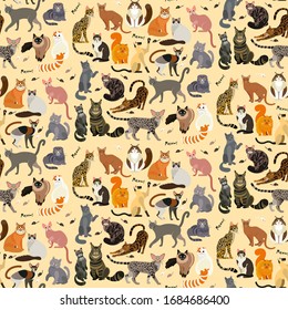 Cat Breeds Cute Pet Animal Seamless Pattern